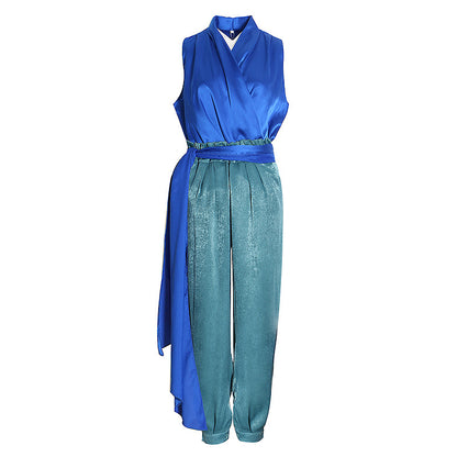 Satin V neck Top & High Waist Baggy Pants Sets