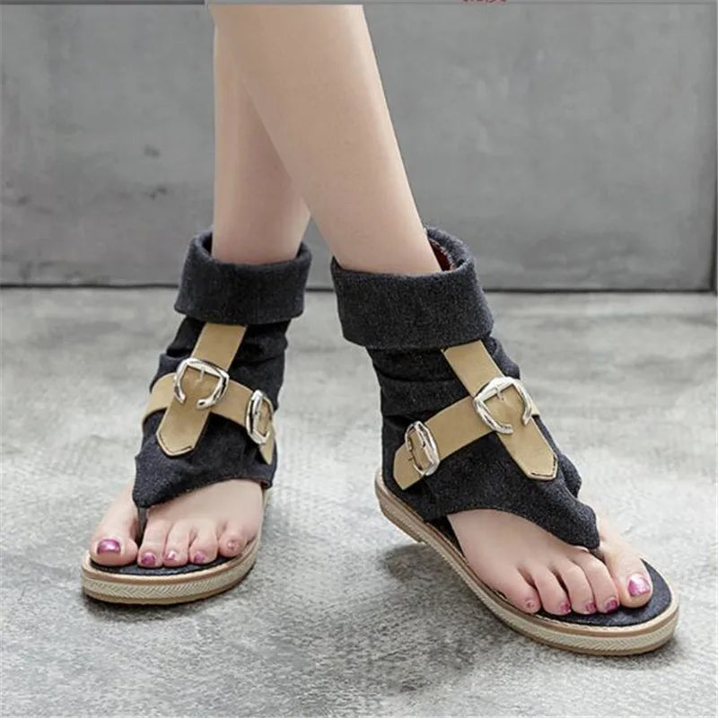 High Top Slippers Women Sandals Fashion Denim Roman Gladiator Sandals Summer Ladies Beach Shoes Female Zippe Flat Sandalias