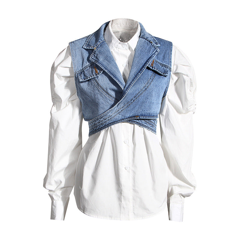 Criss Cross Denim Vest Puff Top