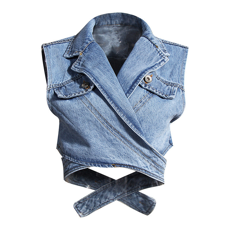 Criss Cross Denim Vest Puff Top