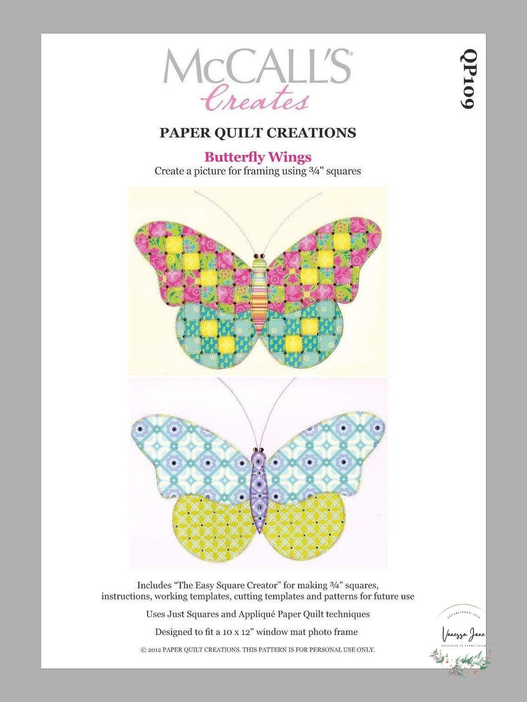 McCall's Creates W10628 Paper Quilt Creations Craft Pattern, Butterfly