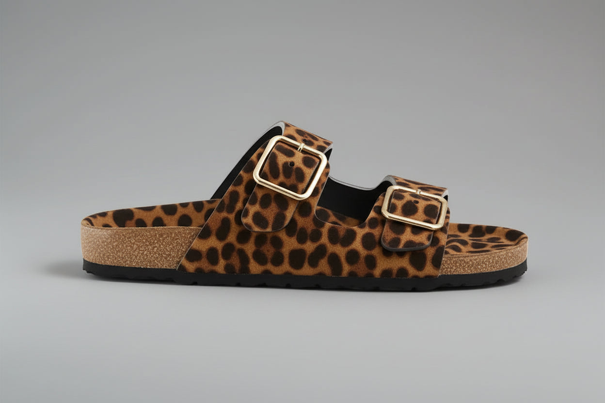 Leopard print sandal with gold buckles on a gray background