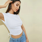 Slit Short Sleeve Round Neck Pullover White T- Shirt