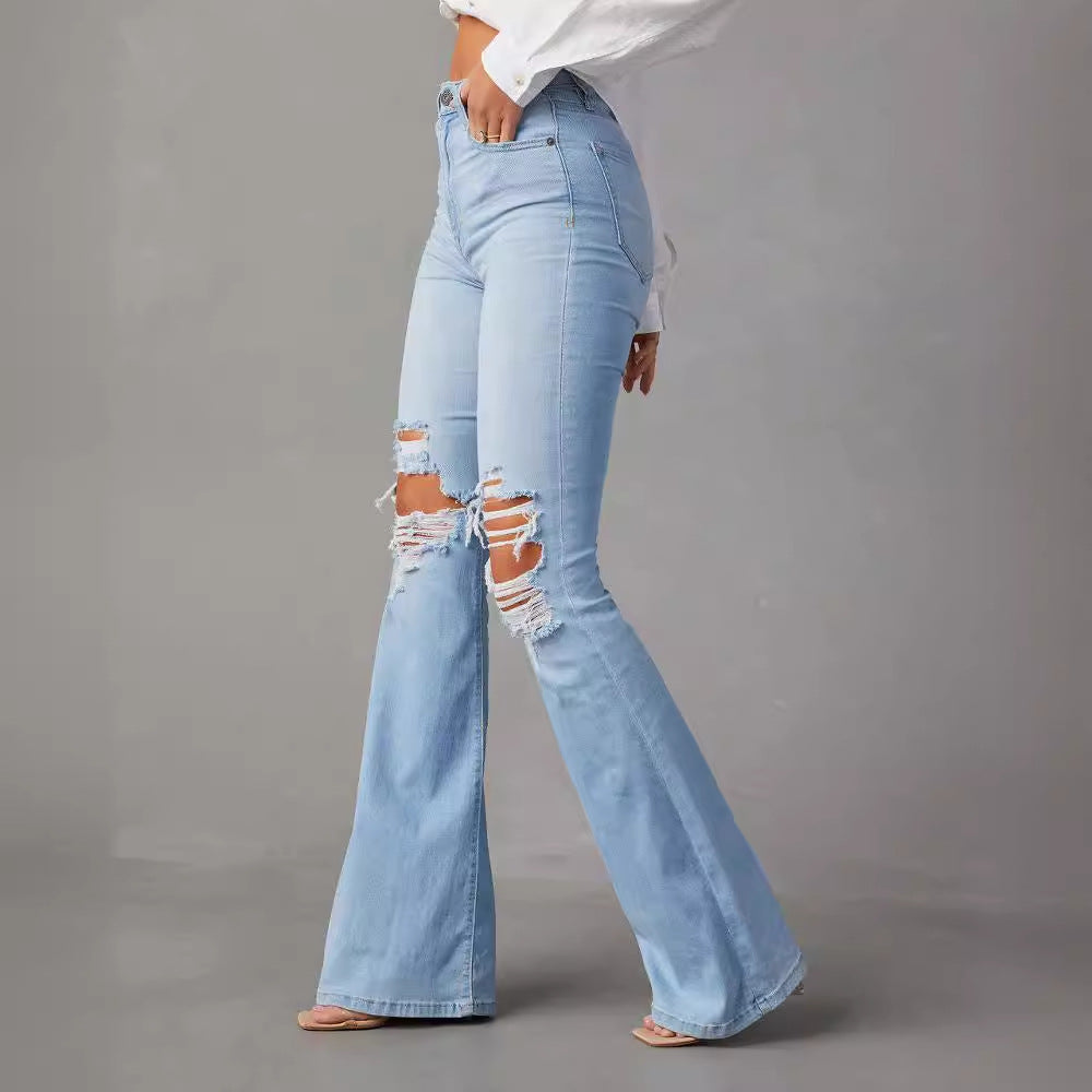 High Waist Elegant Cowboy Wide Leg Ripped Jeans