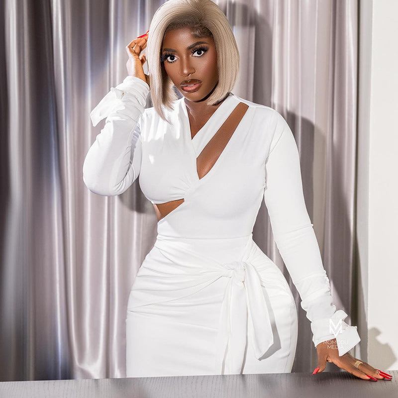 White Backless Lace up Waist Tied Short Dress