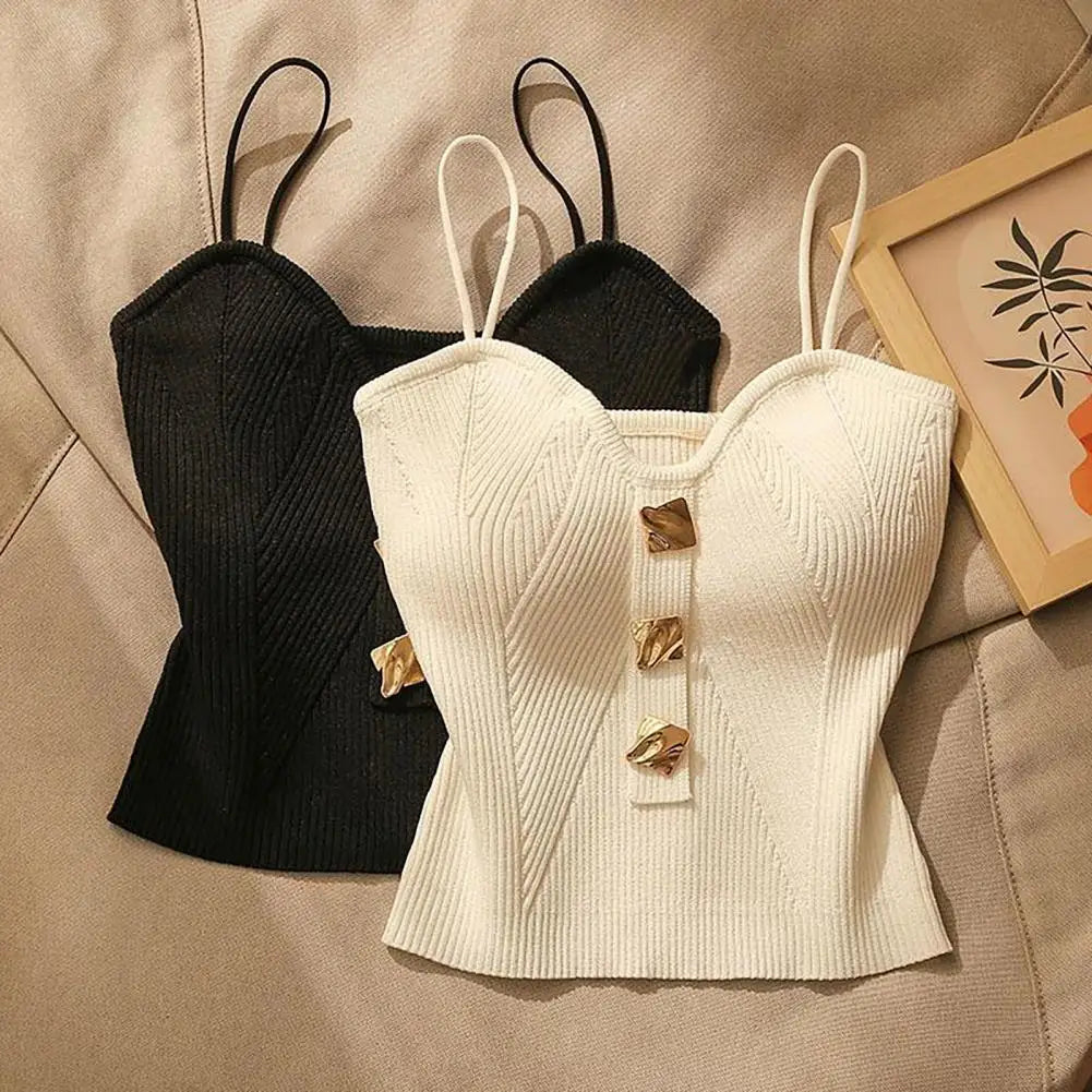 Women Vest Spaghetti Strap Padded Backless Sleeveless Knitted Elastic Solid Color V Neck Button Decor Camisole Bottom Crop Top