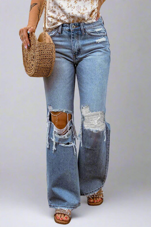 Light Blue Ripped Casual Wide Leg Jeans