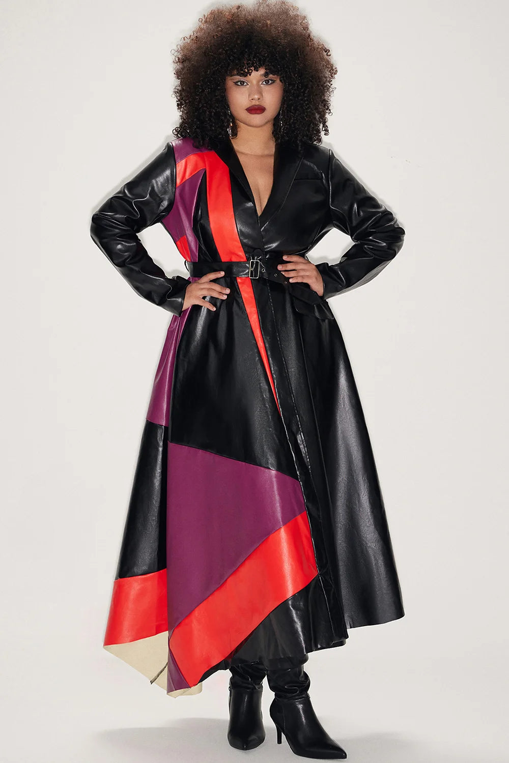 Curve PU Leather Windbreaker Trench Coat