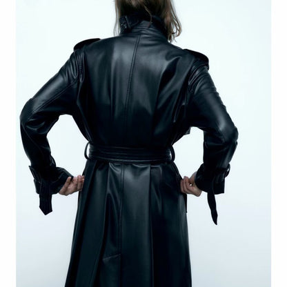 All-match Black Leather Wind Coat