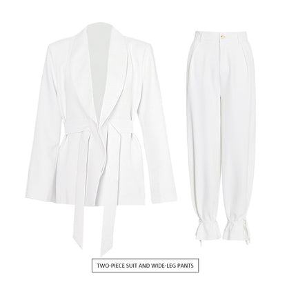 White Women Trendy Office Design Wide leg Pants Two piece Set