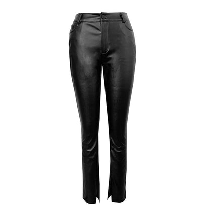 Faux Leather Ankle Slit Pants