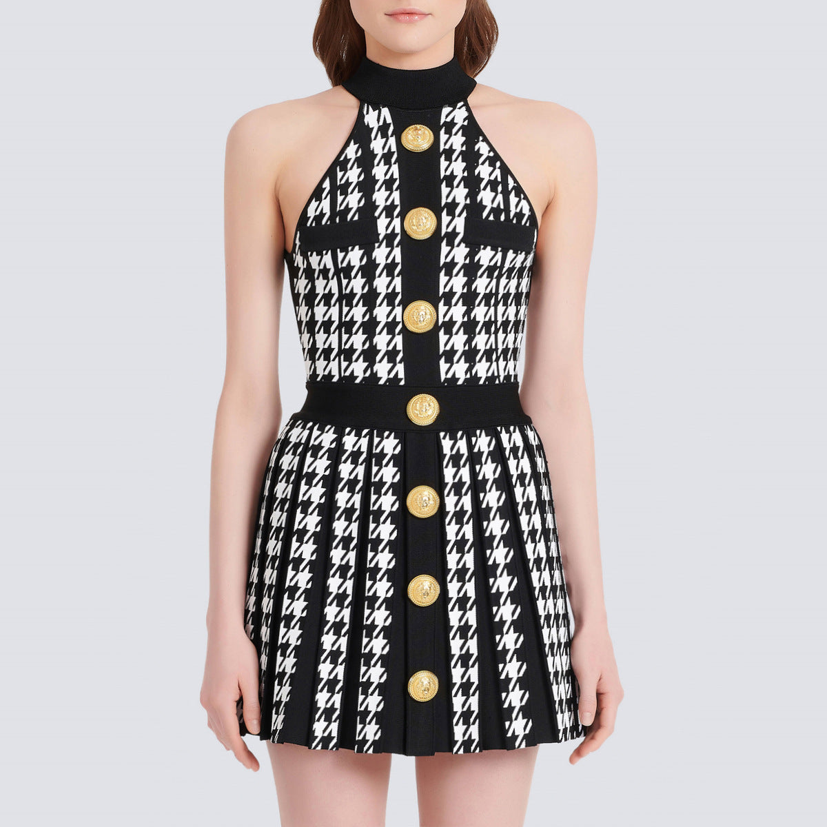 Halter Pleated Short Knitted Houndstooth Dress