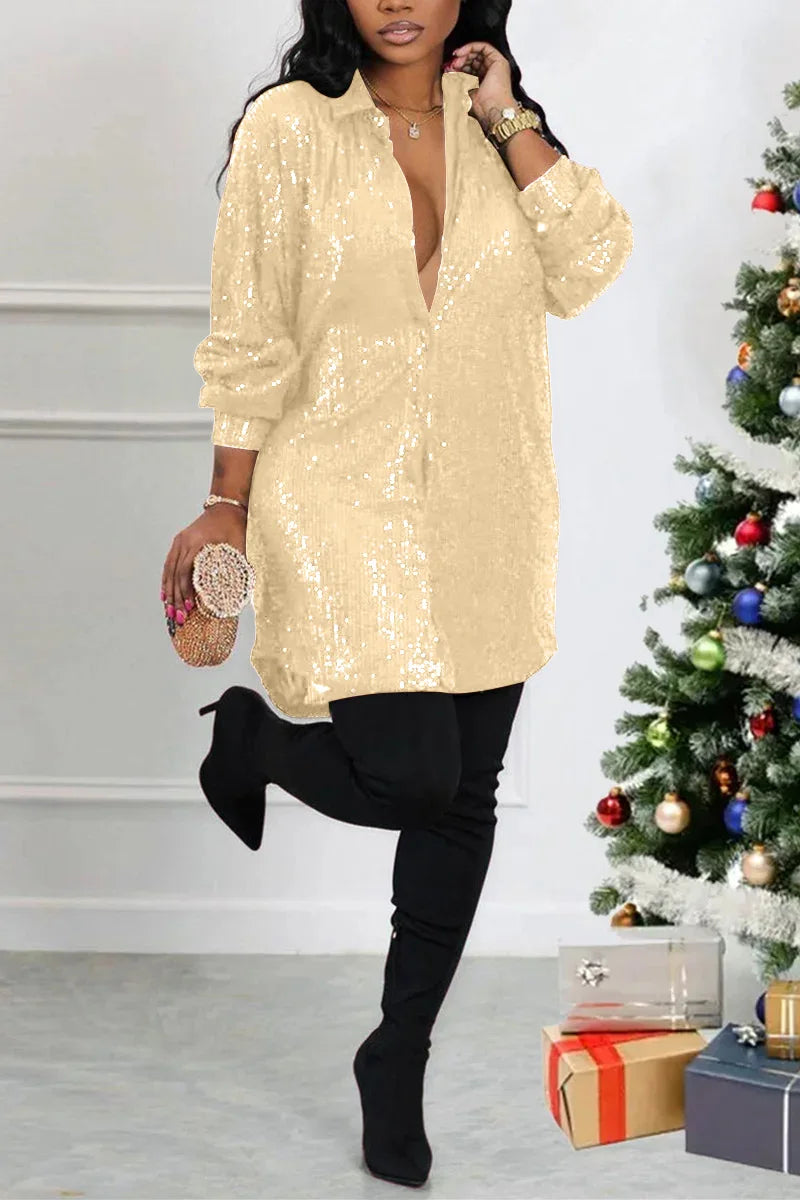 Curve Casual Black Sequin Long Sleeve Shirts