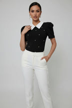 Stylish Pearl like Lapel Bow Top