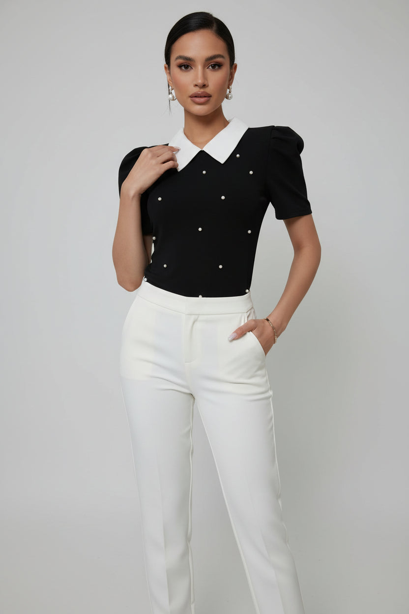 Stylish Pearl like Lapel Bow Top
