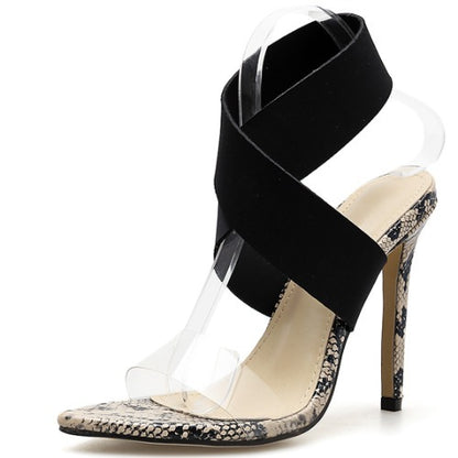 Clear Black Strap Snake Bottom Heels