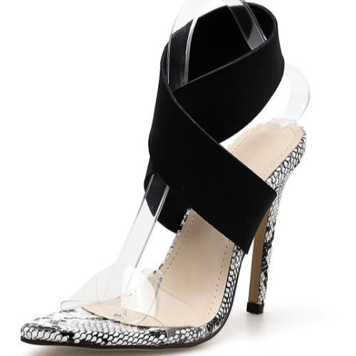 Clear Black Strap Snake Bottom Heels