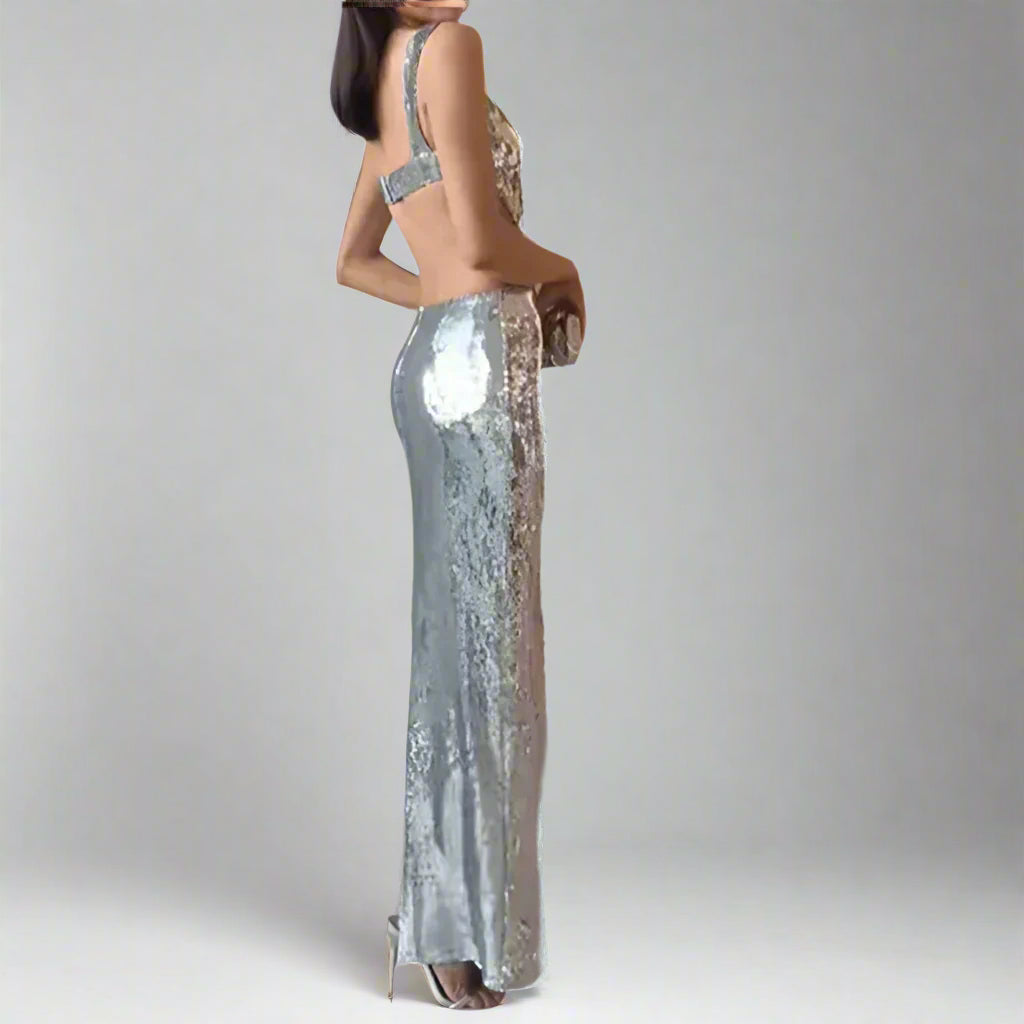 Sequin Sling Square Collar Backless Dress