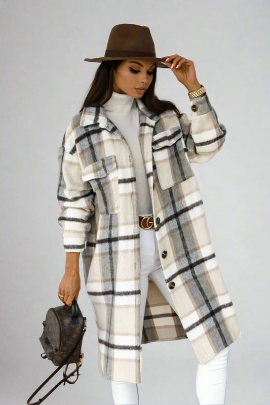 Long Warm Woolen Plaid Coat