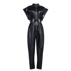 Tight waist PU jumpsuit