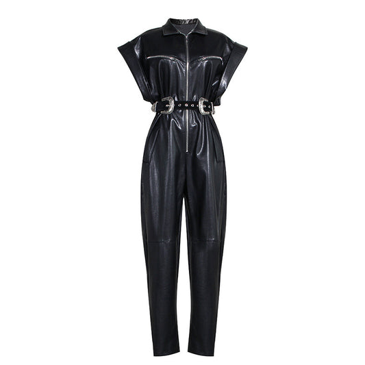 Tight waist PU jumpsuit