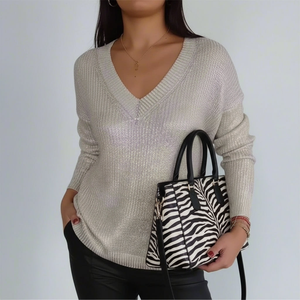 Metallic Knitted V-neck Pullover