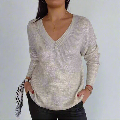 Metallic Knitted V-neck Pullover