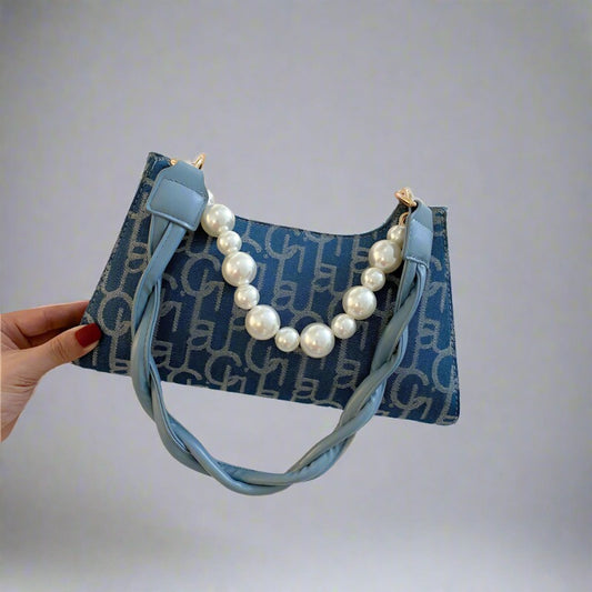 Pearl portable baguette Denim Handbag