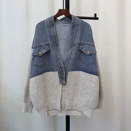 Spliced Single Button Denim Sweater Cardigan