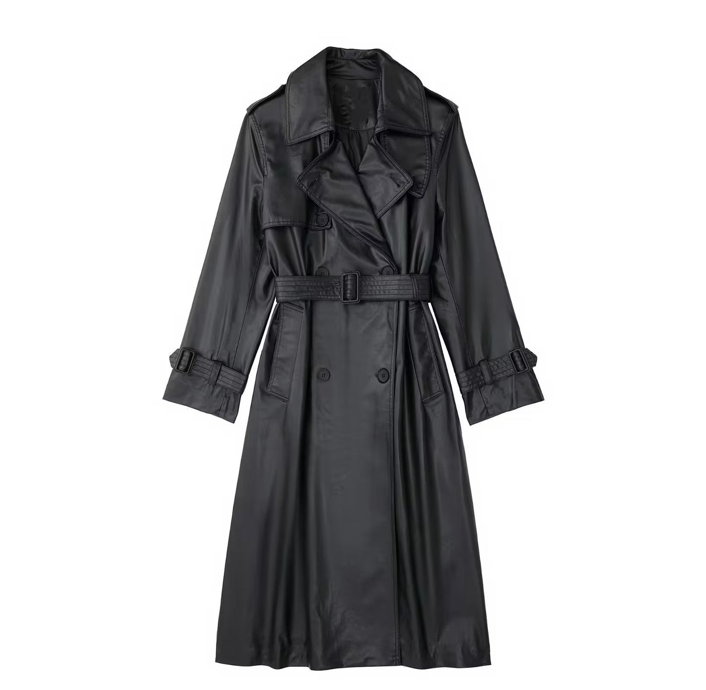 All-match Black Leather Wind Coat