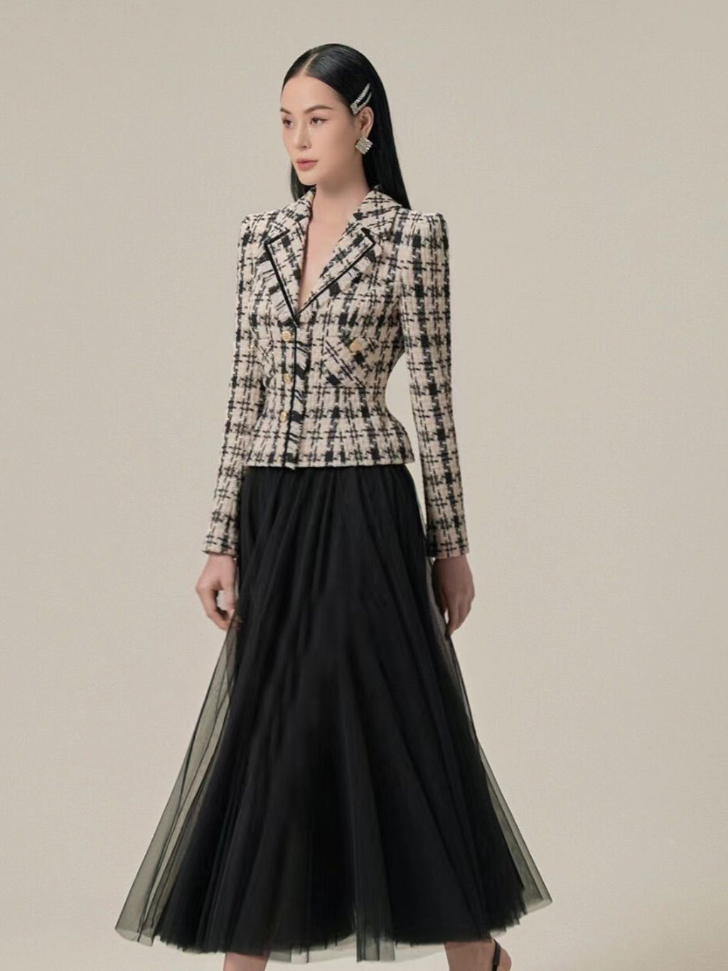 Retro Houndstooth Woolen Coat & Black Mesh Skirt Set