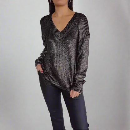 Metallic Knitted V-neck Pullover