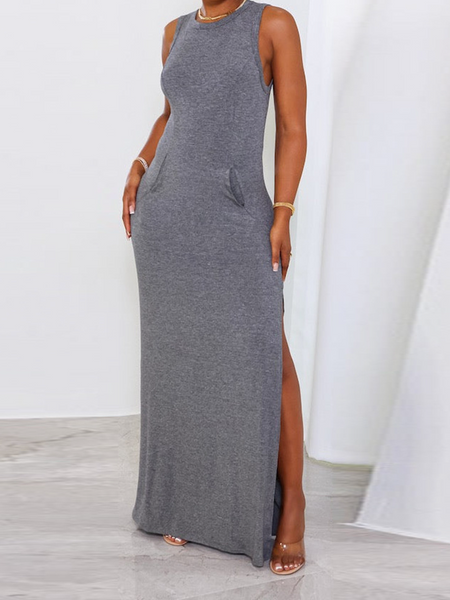 Round Neck with Side Slit Sleeveless Dress