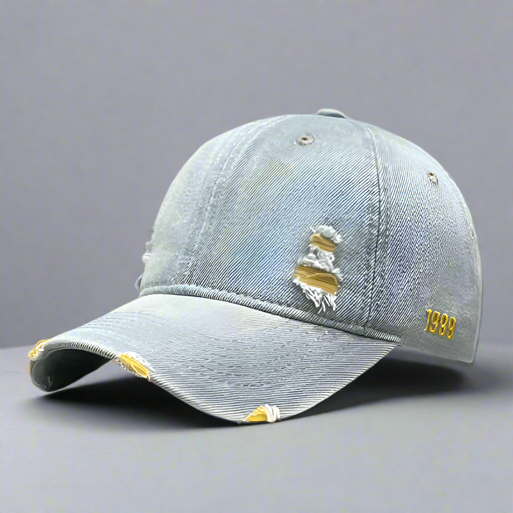 Light blue denim cap with a distressed design and '1988' text on a white background