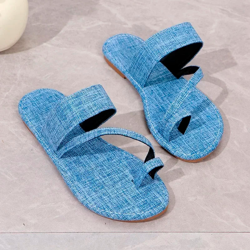 2024 Hot Sale Shoes for Women Toe Set Women Slippers Summer Denim Outdoor Beach Casual Flat Large Size Slippers Zapatillas Mujer