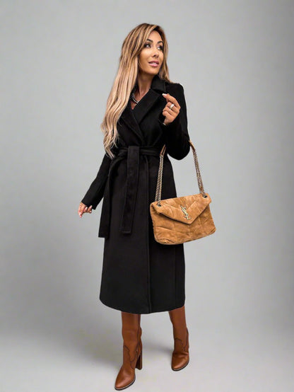 Long-sleeved V-neck Tie Woolen Coat Top