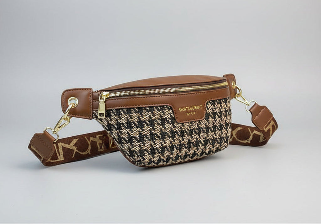 Brown and patterned waist bag on a light gray background