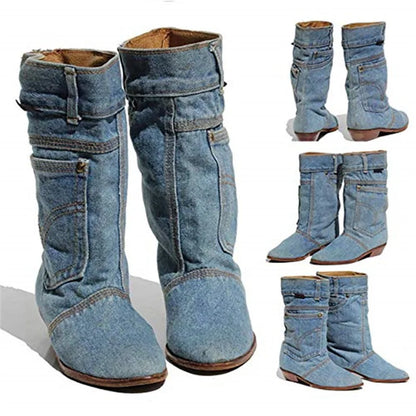 ladies autumn winter cowboy denim boots