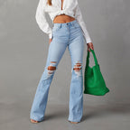 High Waist Elegant Cowboy Wide Leg Ripped Jeans