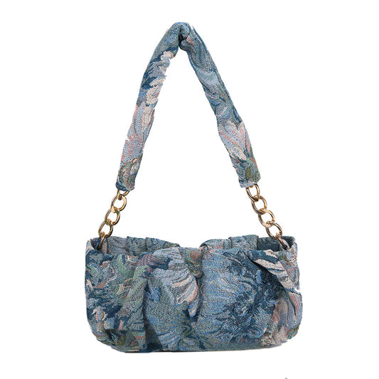 Blue Flower Oil Painting Shoulder Cloud Bag