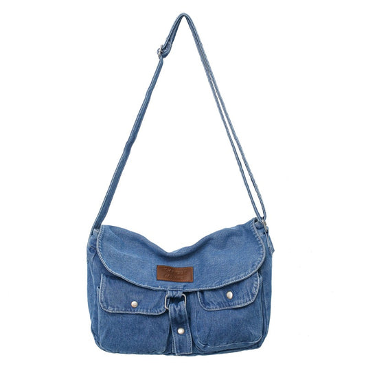 Pure Color Washed Denim Canvas Bag