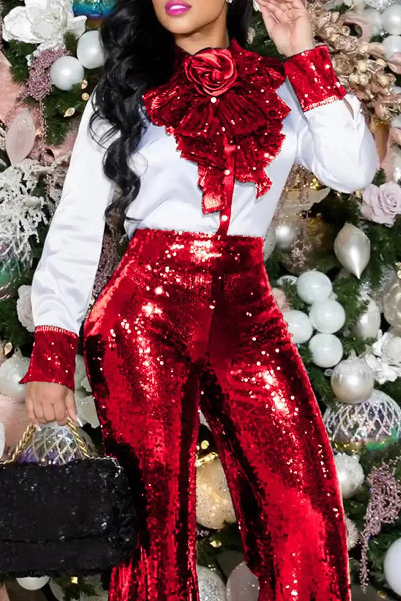 Curve Sequin Ruffle Long Sleeve Blouse