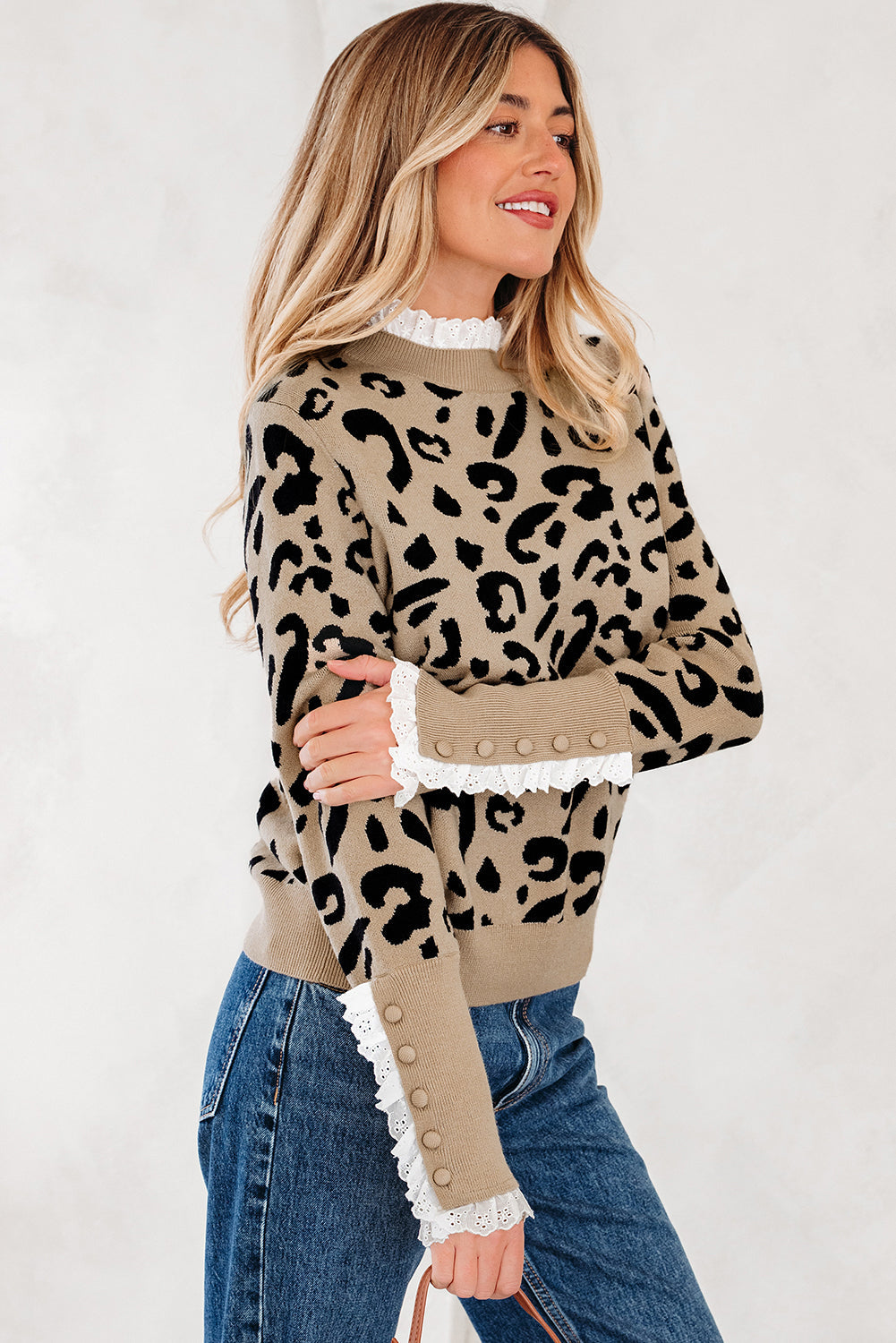 Leopard Lace Ribbed Trim Buttoned Cuff Sweater