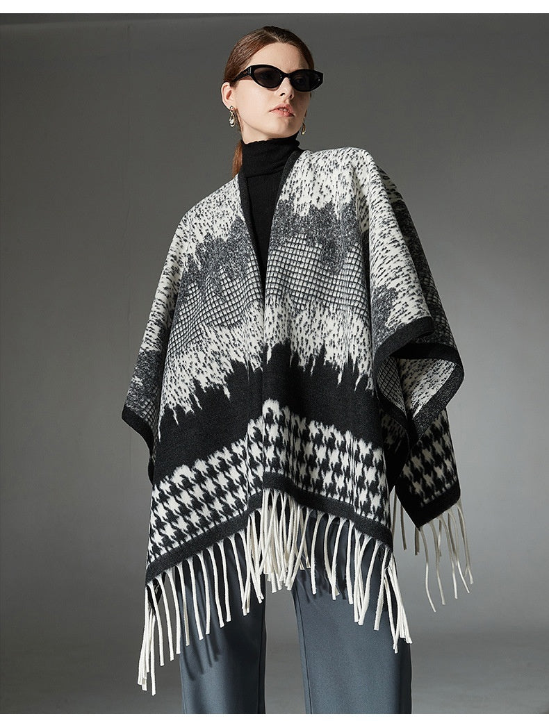 Wool Cloak Black And White Houndstooth Tassel Shawl
