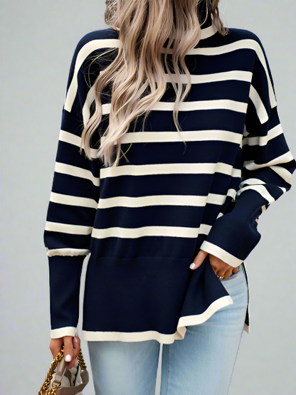 Striped Turtleneck Side-slit Sweater