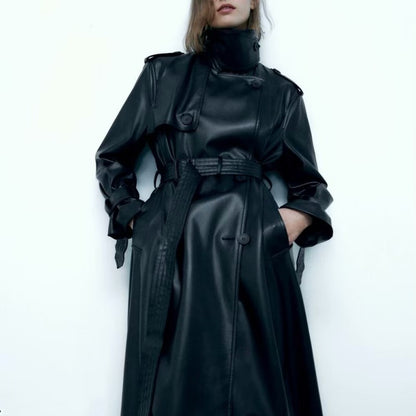 All-match Black Leather Wind Coat