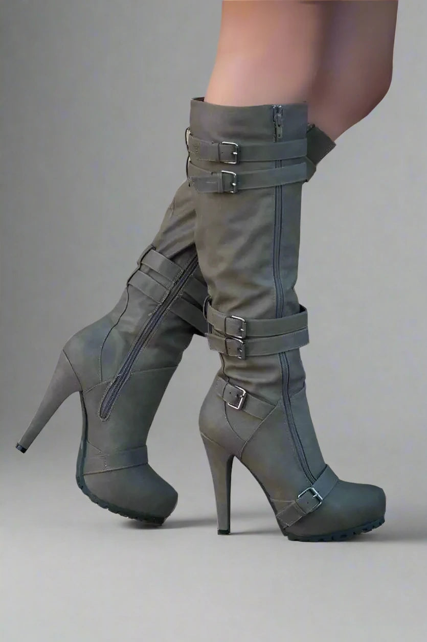 Buckle Strap Zipper Knee High Boots