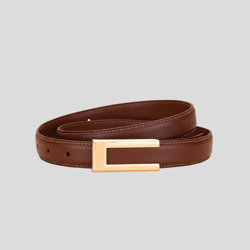 Brown fashion belt with gold buckle on a beige background, featuring size chart.