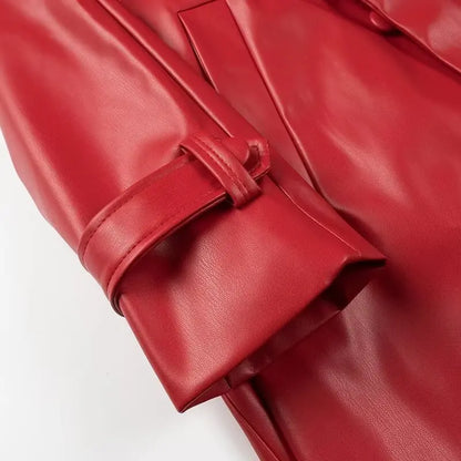 Curve Red Double Breasted Leather Trench Coat