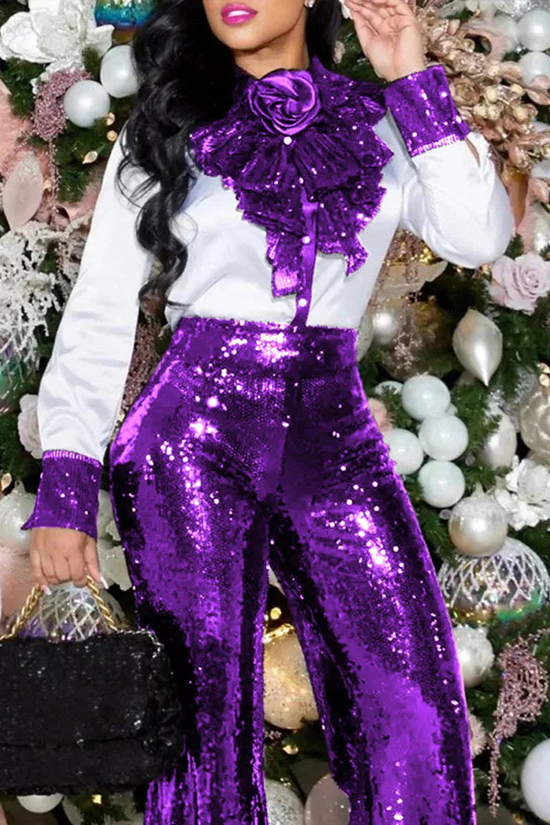 Curve Sequin Ruffle Long Sleeve Blouse